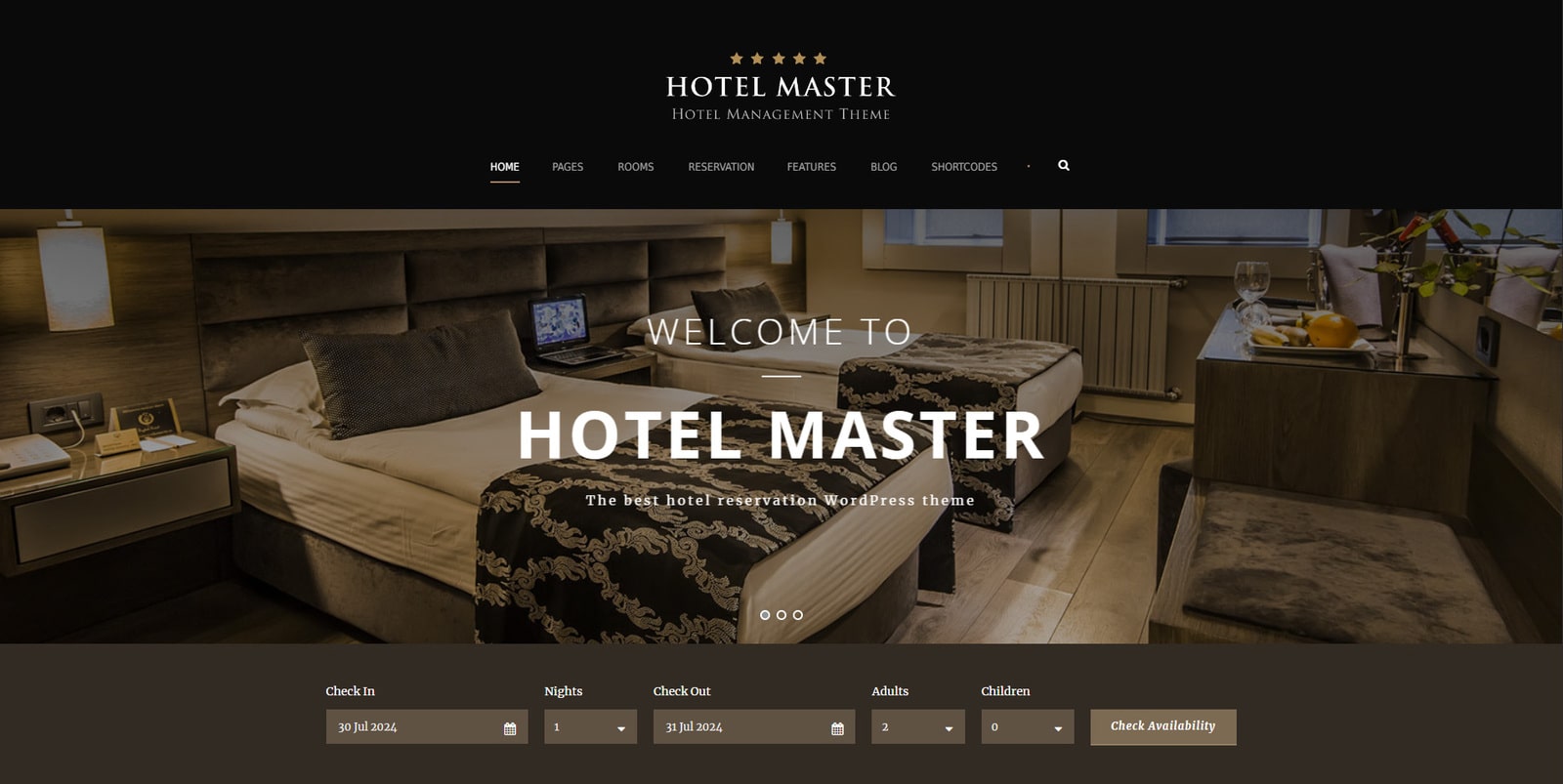 Tampilan Hotel Master, contoh desain situs web hotel dengan 5+ tata letak situs yang telah dirancang sebelumnya.