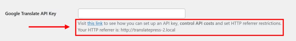 ubicación del enlace a las instrucciones de la API del traductor de Google