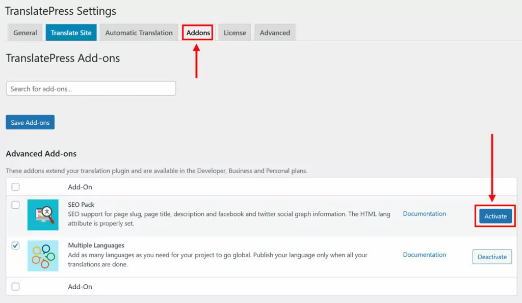 activați pachetul seo translatepress