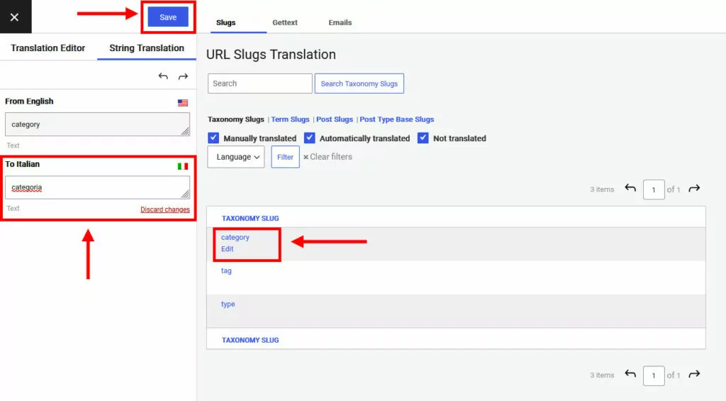 terjemahkan siput di menu terjemahan string Translatepress