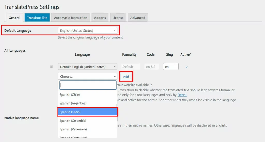 atur bahasa default dan target