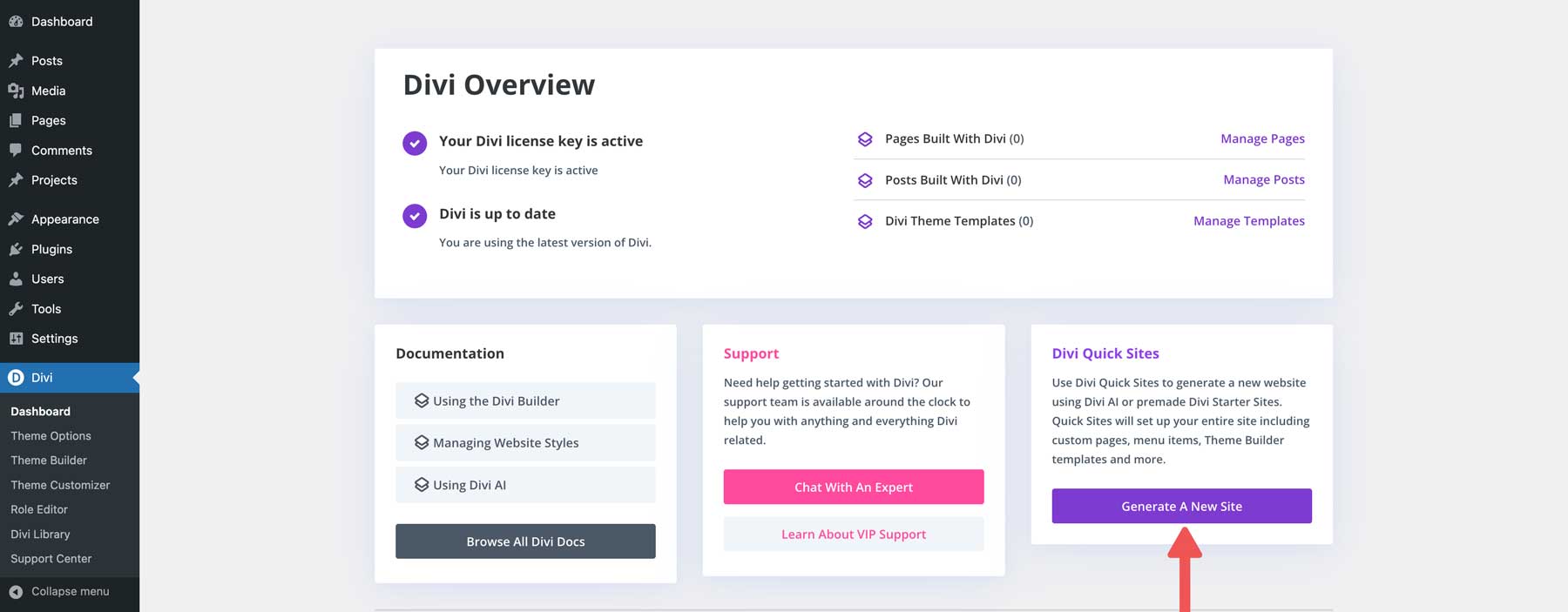 generar un nuevo sitio web Divi