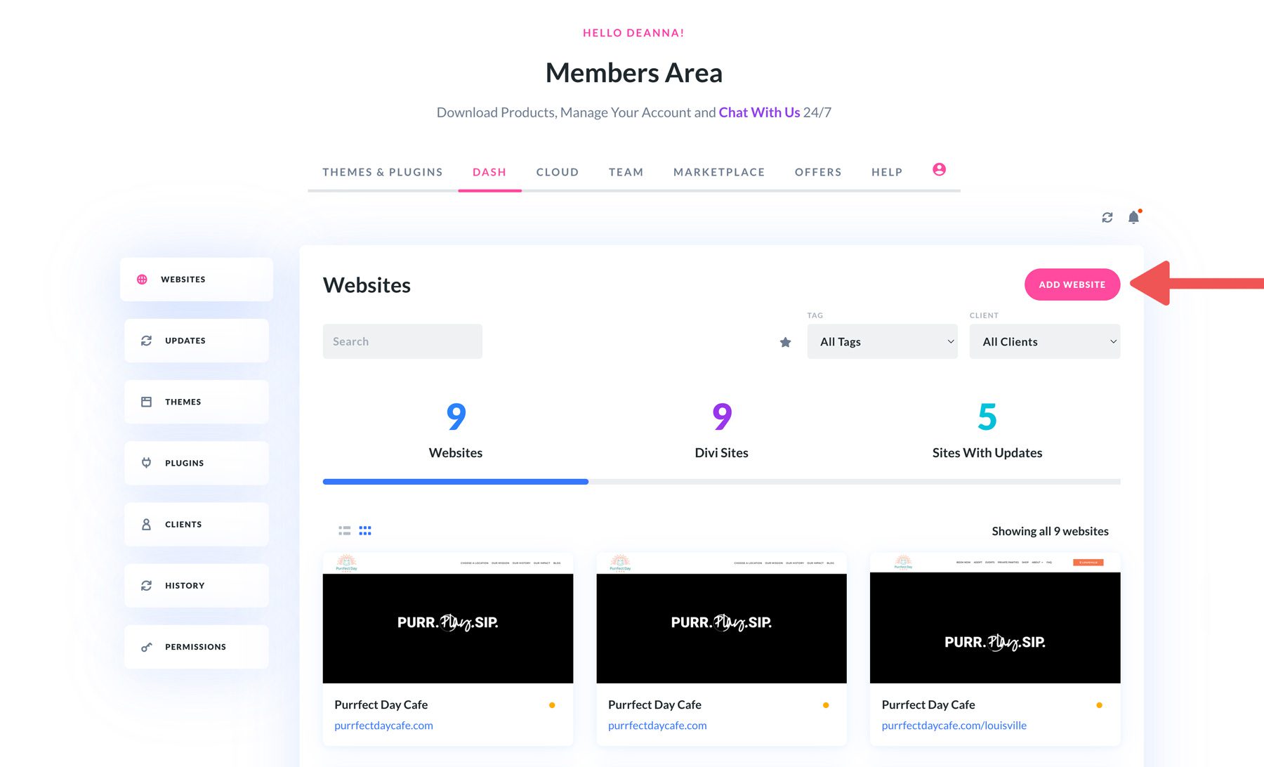 Divi Dash'a yeni web sitesi ekle