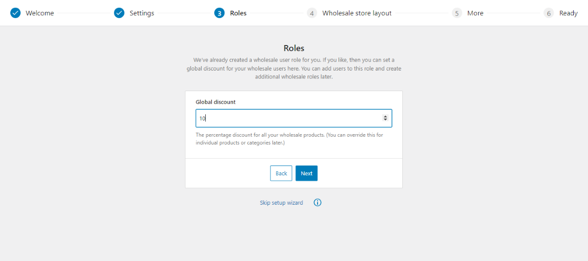 Definir o valor do desconto global no assistente de configuração do WooCommerce Wholesale Pro.