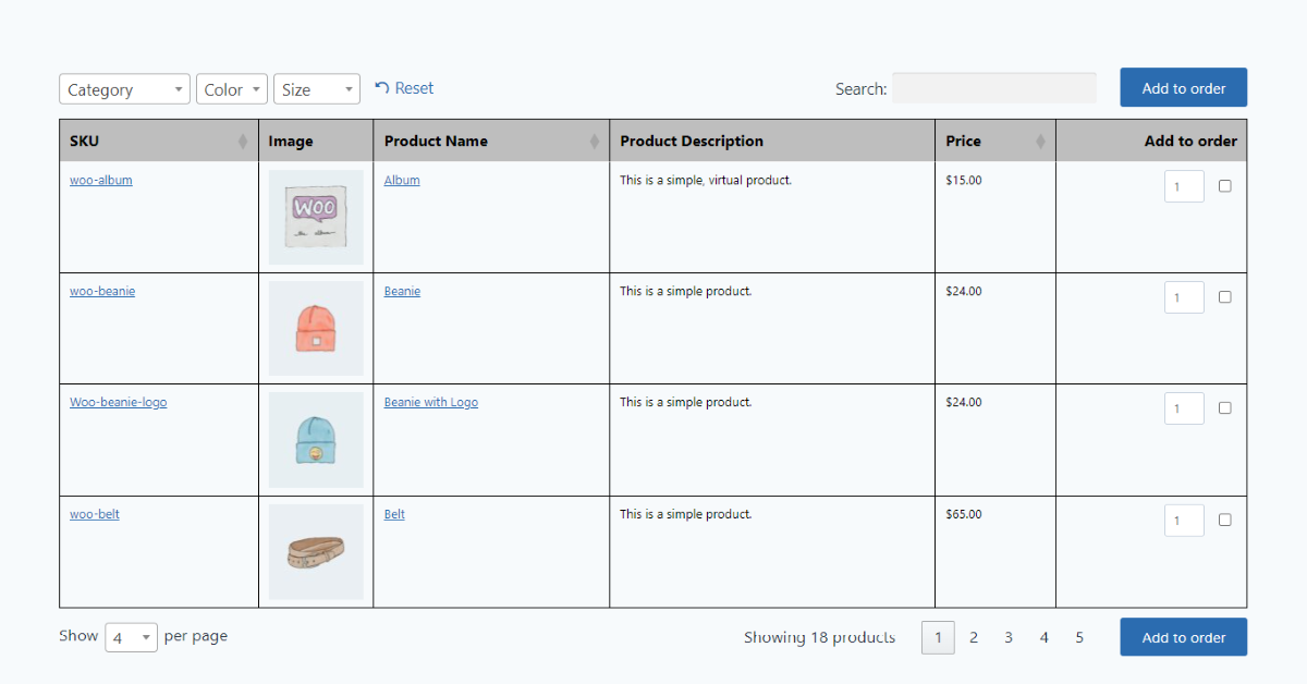 Il layout della tabella front-end del plugin WooCommerce Wholesale Pro.