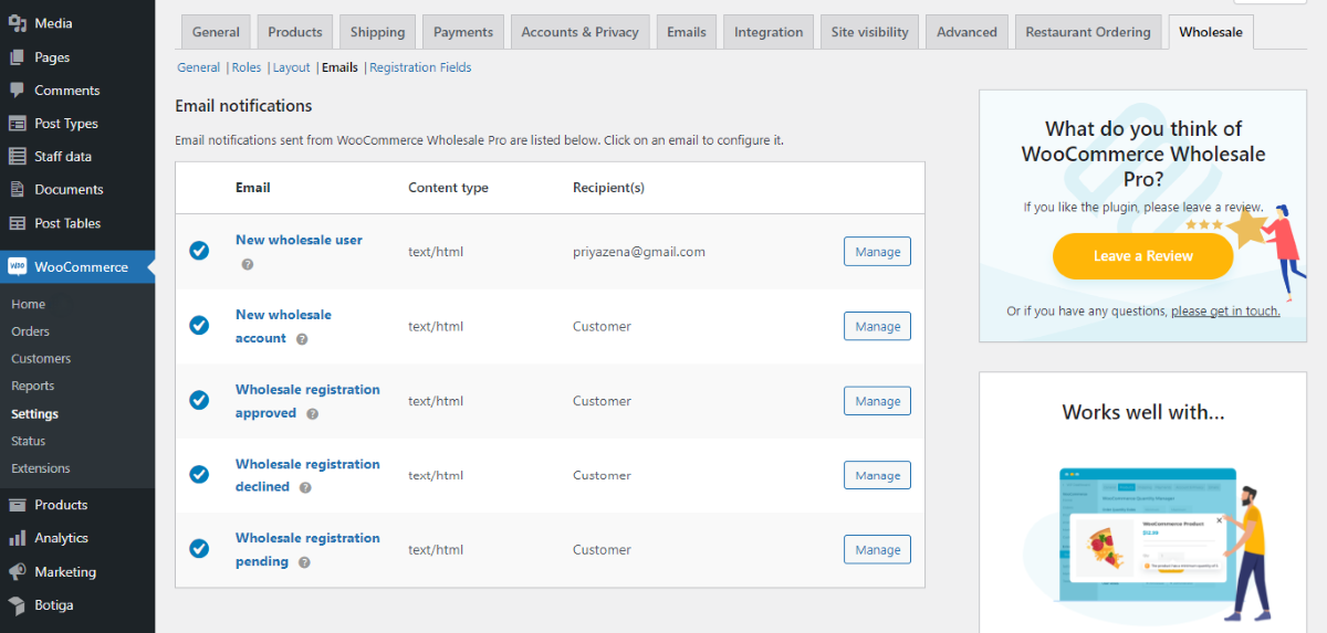 Ecranul Notificări prin e-mail pentru WooCommerce Wholesale Pro din pagina de setări WooCommerce.