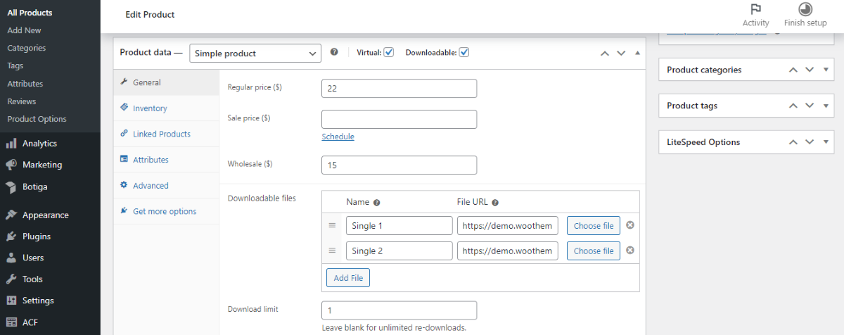 Mengedit produk dalam WooCommerce, menggunakan WooCommerce Wholesale Pro.