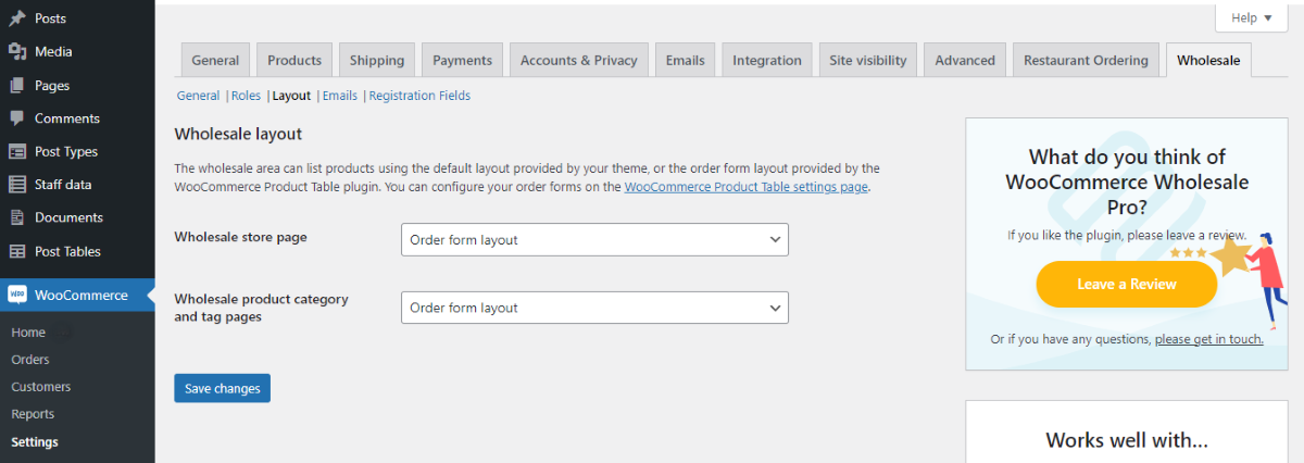 La pantalla de diseño mayorista dentro de la configuración de WooCommerce.