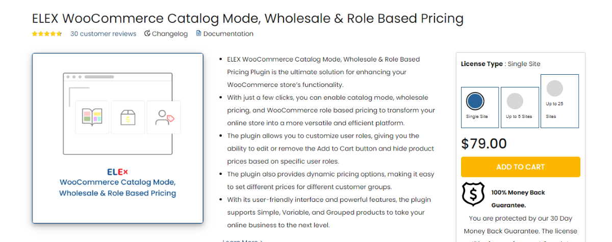 La page d'accueil du plugin ELEX WooCommerce Role Based Pricing.