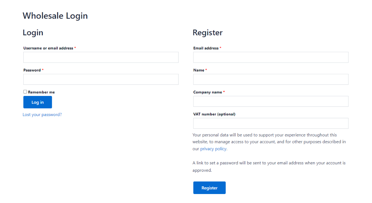 Modulo di iscrizione e registrazione del plugin WooCommerce Wholesale Pro.