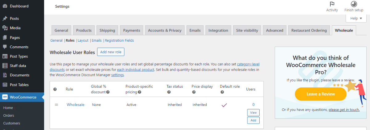 La pantalla Roles de usuario mayoristas del complemento WooCommerce Wholesale Pro.