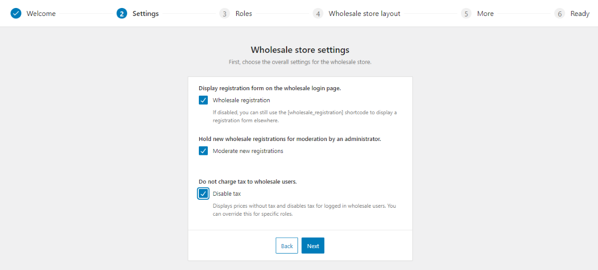 L'assistant de configuration de WooCommerce Wholesale Pro affichant les paramètres de la page de connexion, les nouvelles inscriptions et les statuts d'exonération fiscale.