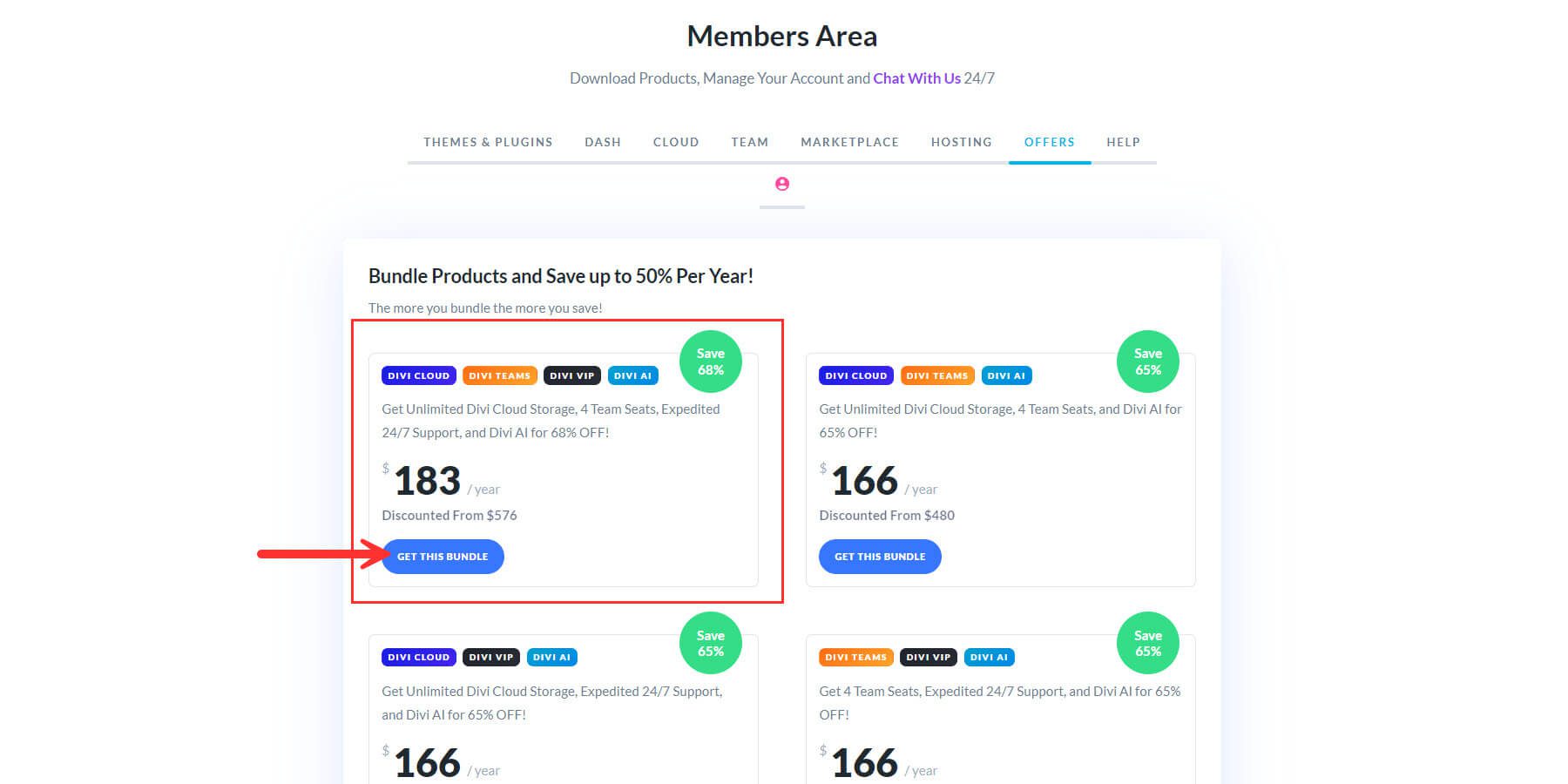 Divi Pro Discount Bundle pour les membres depuis le tableau de bord de l’espace membre