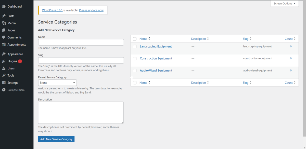 Layar Kategori Layanan dalam WordPress.