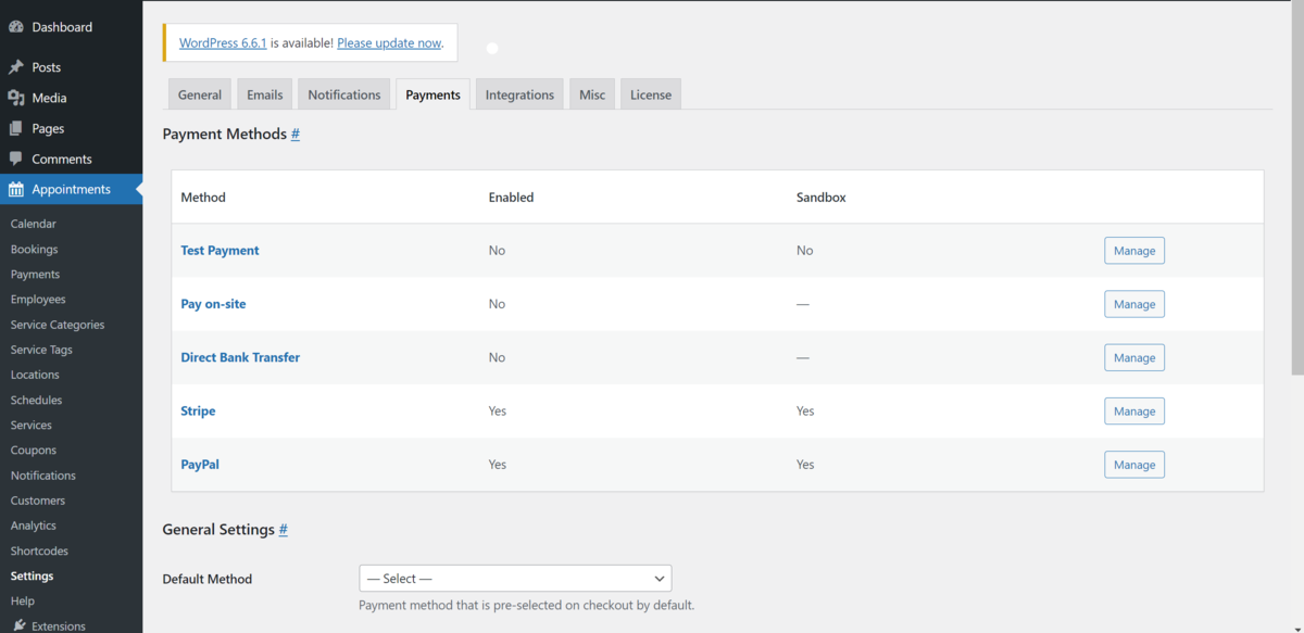 Ecranul Metode de plată din WordPress.