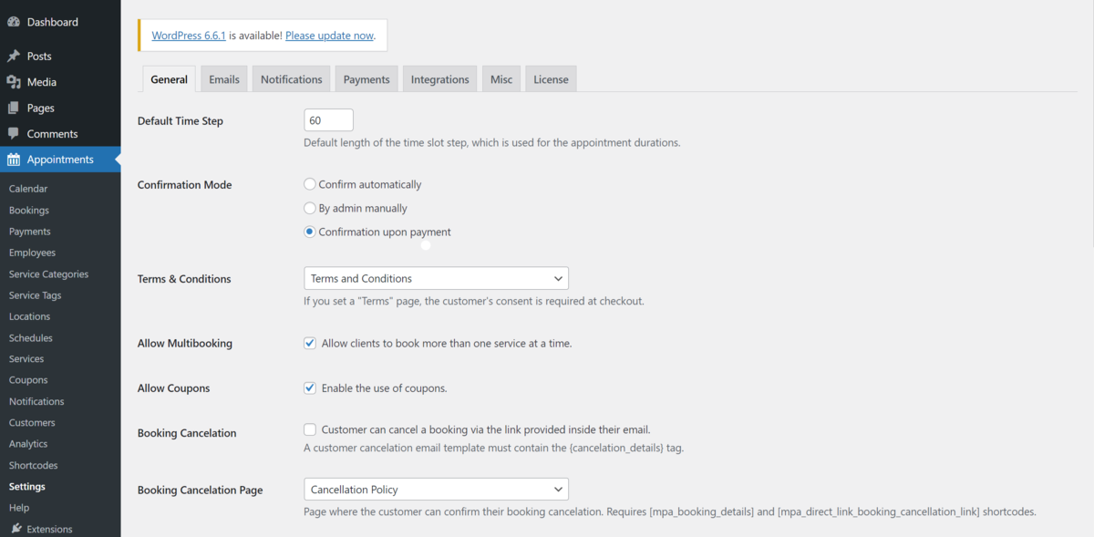 Layar Opsi umum untuk plugin MotoPress Appointment Booking.