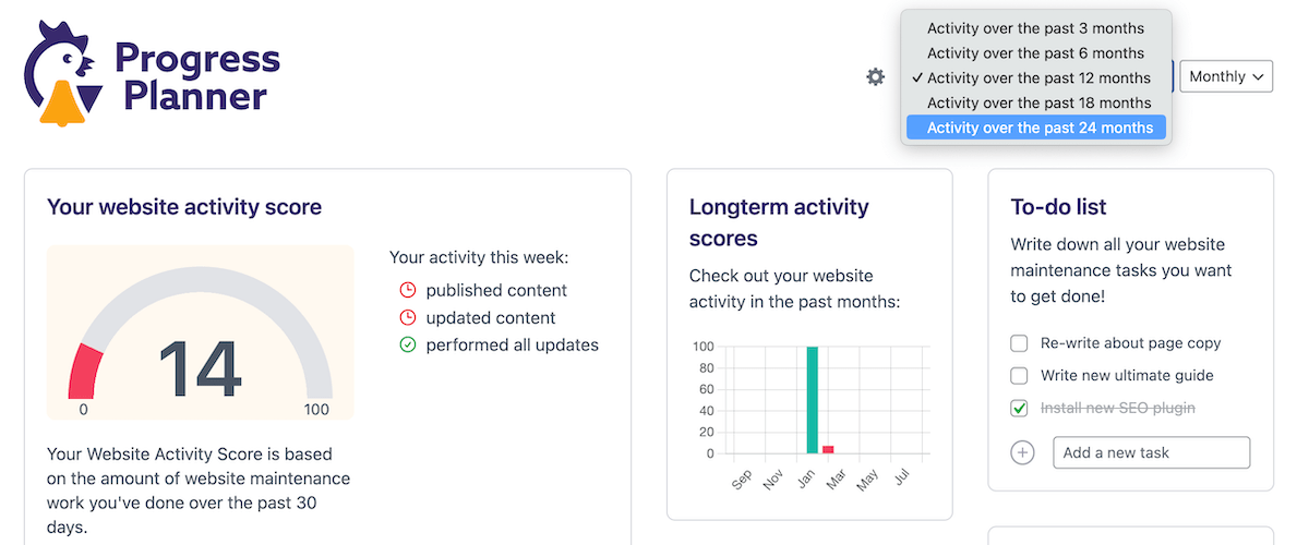 Il dashboard Progress Planner, con un menu a discesa per selezionare un intervallo di filtri in un periodo di tempo specifico.