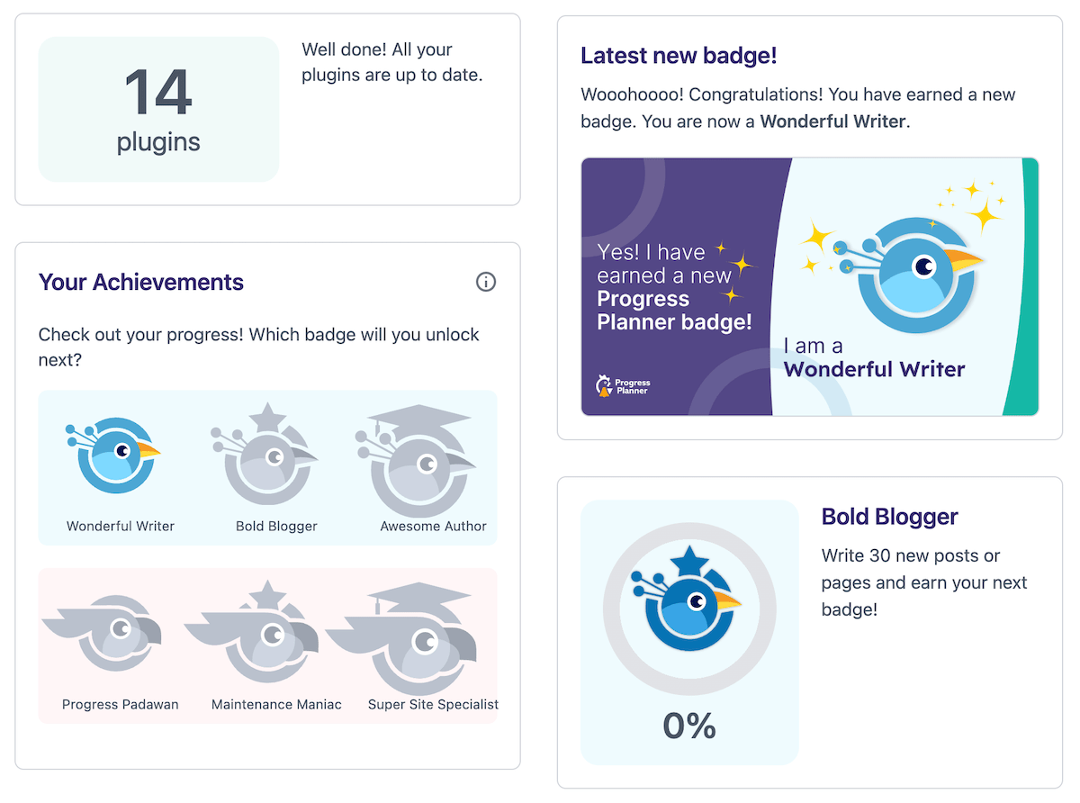 Schermata dei risultati di Progress Planner che mostra i widget relativi all'aggiornamento dei plugin, ai badge completati, un'attività per guadagnare un nuovo badge e l'ultimo badge ottenuto.