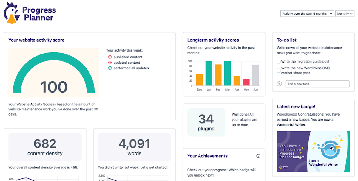 Il dashboard Progress Planner, che mostra la manutenzione e l'attività del sito, un elenco di cose da fare e gli aggiornamenti attuali sullo stato di avanzamento.