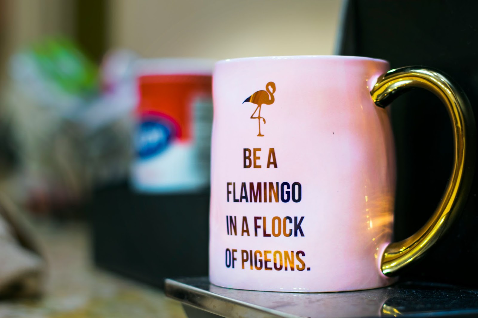 cană pe care scrie „fii un flamingo într-un stol de porumbei”