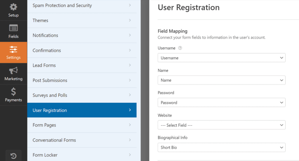 User registration settings