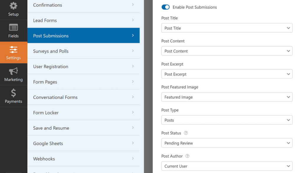 Post submissions settings