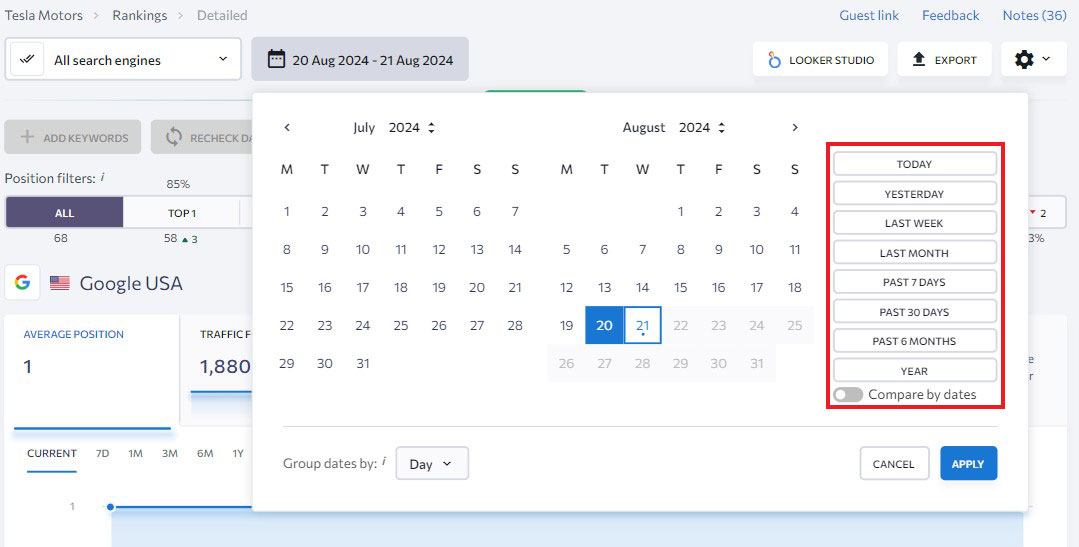 Compararea datelor Rank Tracker pe mai multe date