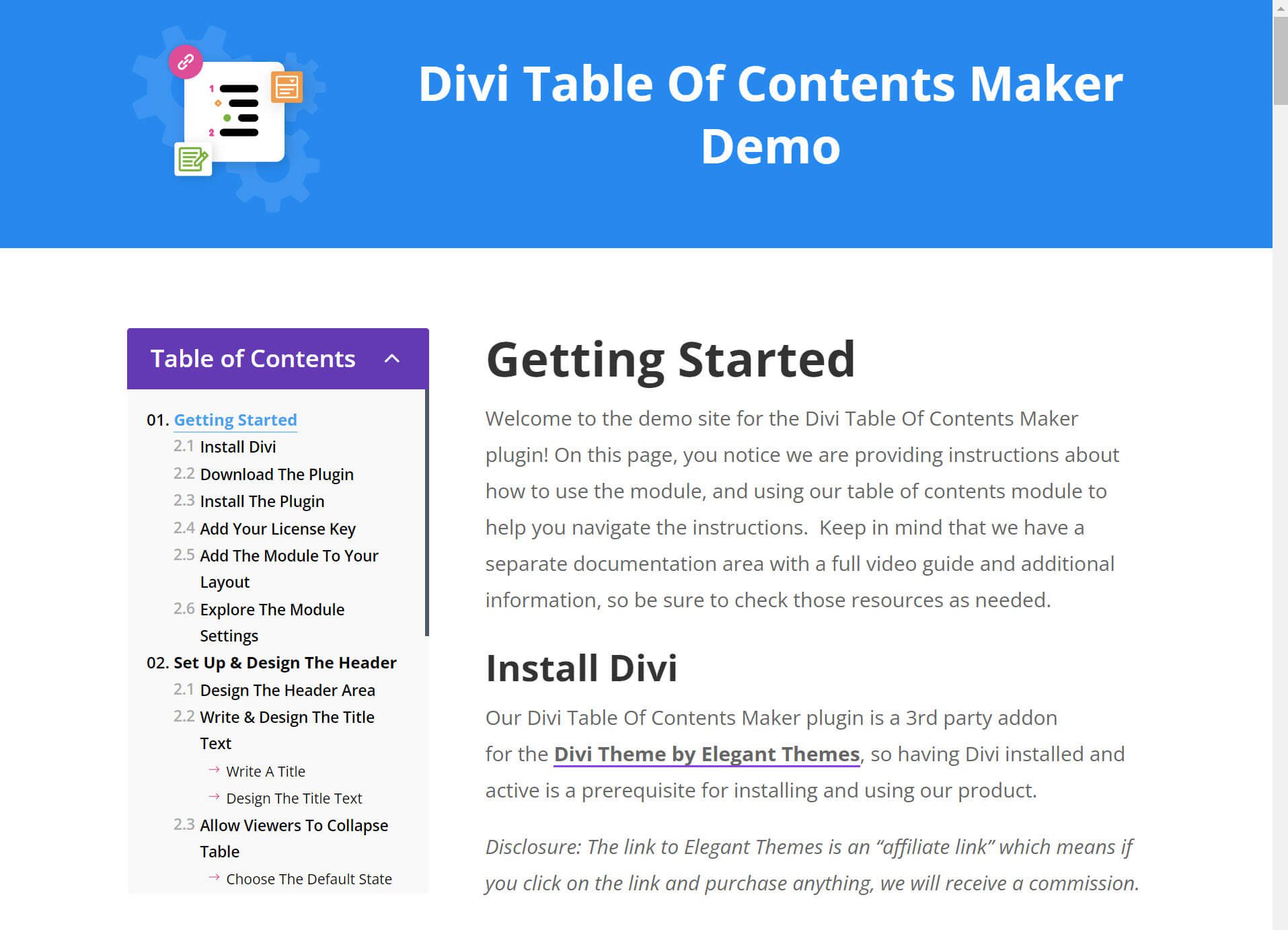 動作中の Divi 目次のスクリーンショット