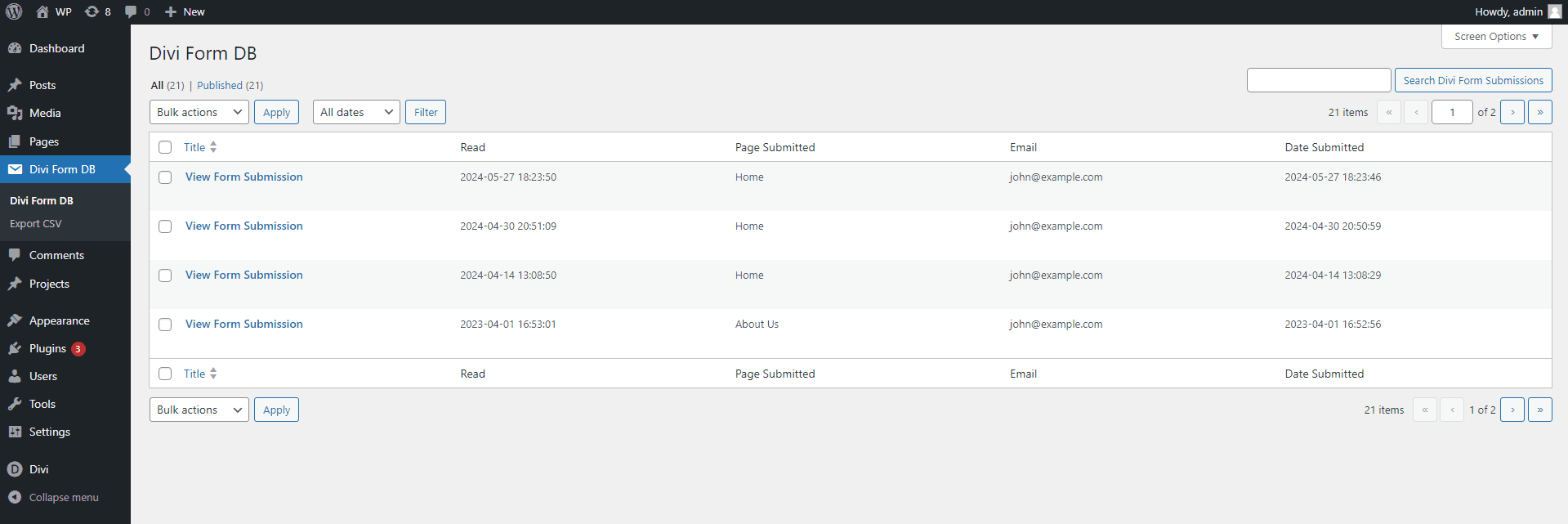 透過 Divi 聯絡表單 DB 儲存的資料條目的螢幕截圖