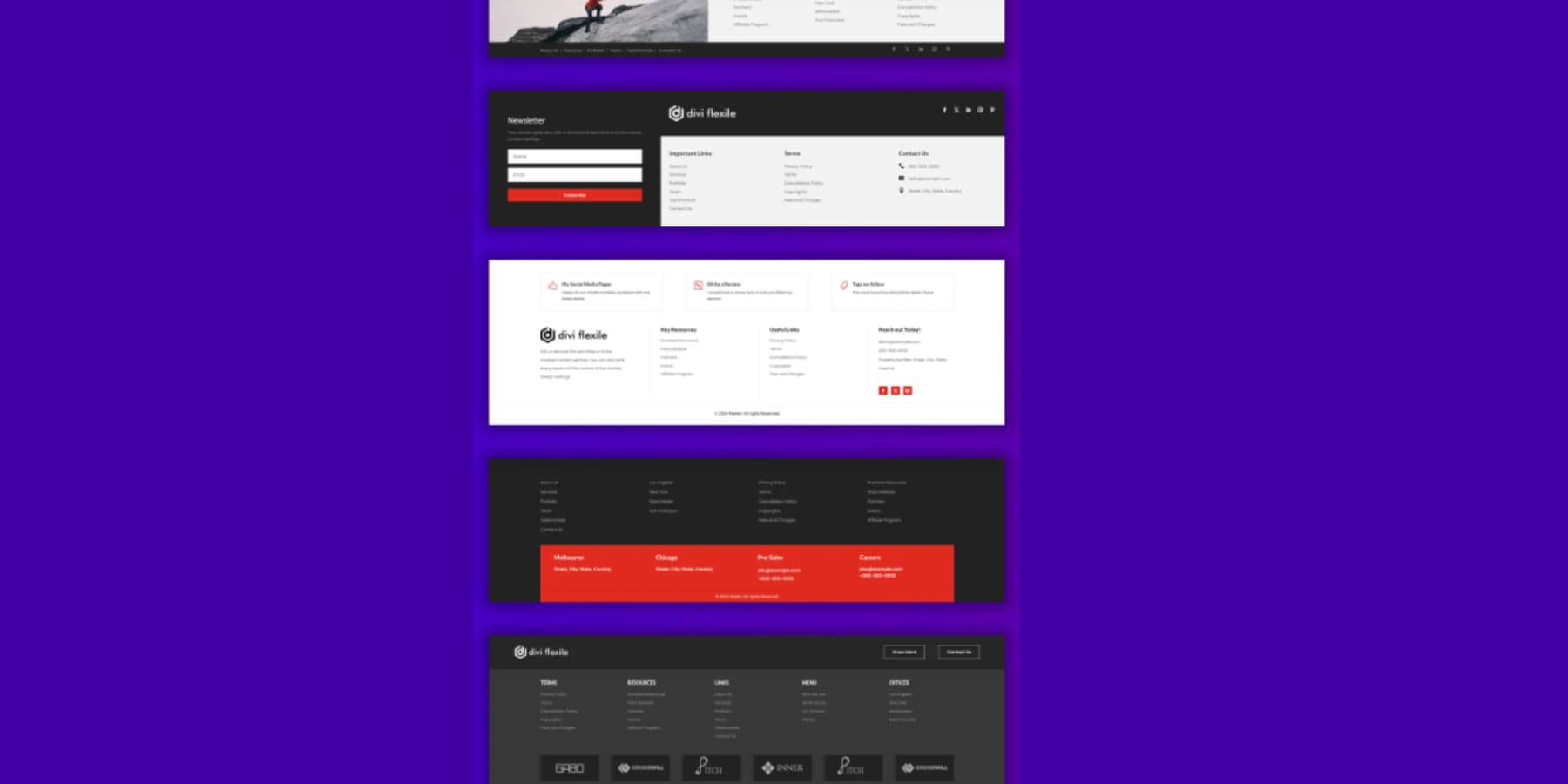 Tangkapan layar beberapa desain footer Divi Flexile