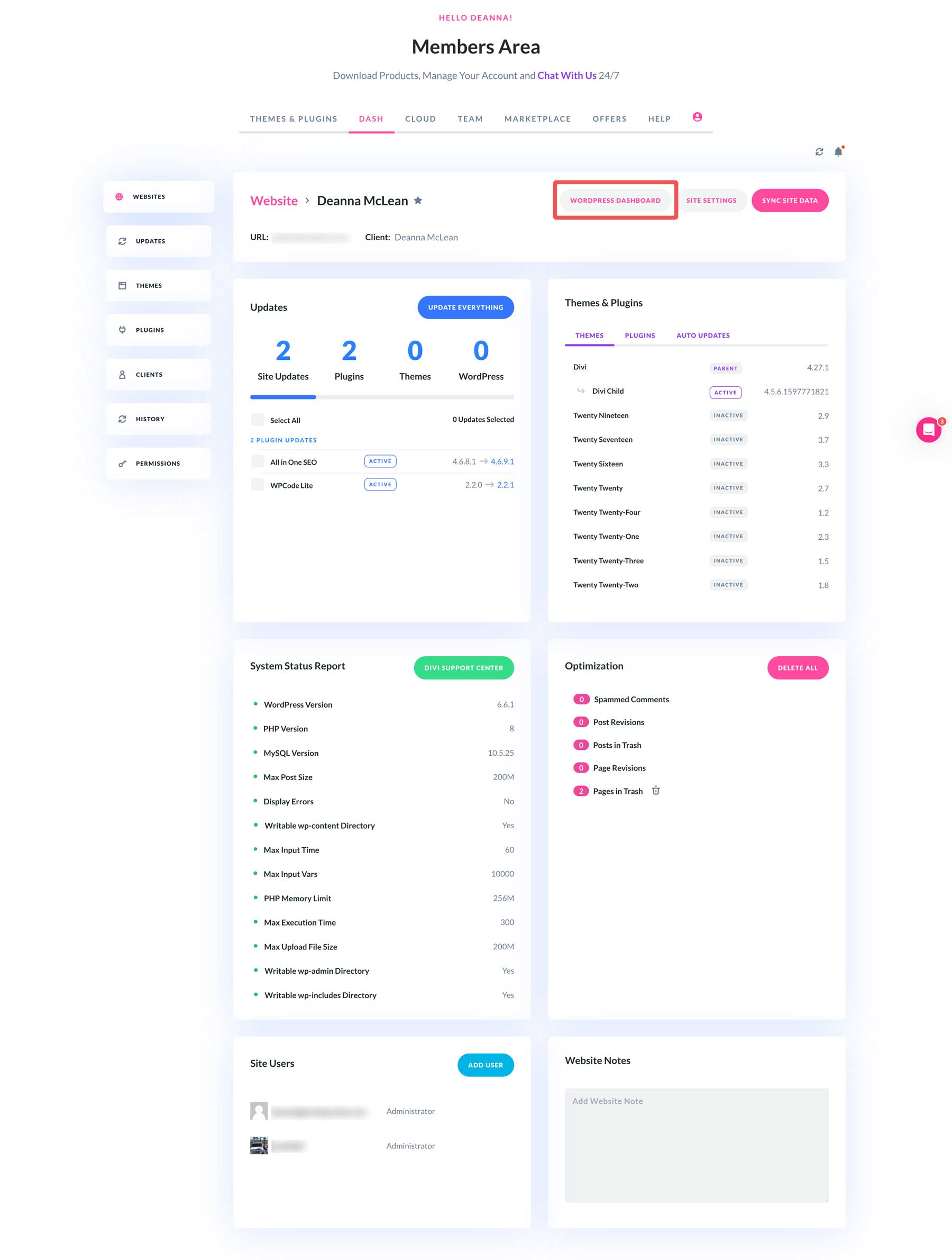 إدارة موقع Divi Dash الفردي