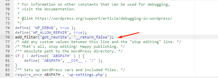 Inserting code in the Wp-config.php file to stop WordPress from overwriting the .htaccess file