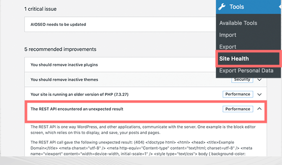 The REST API encountered an unexpected result message