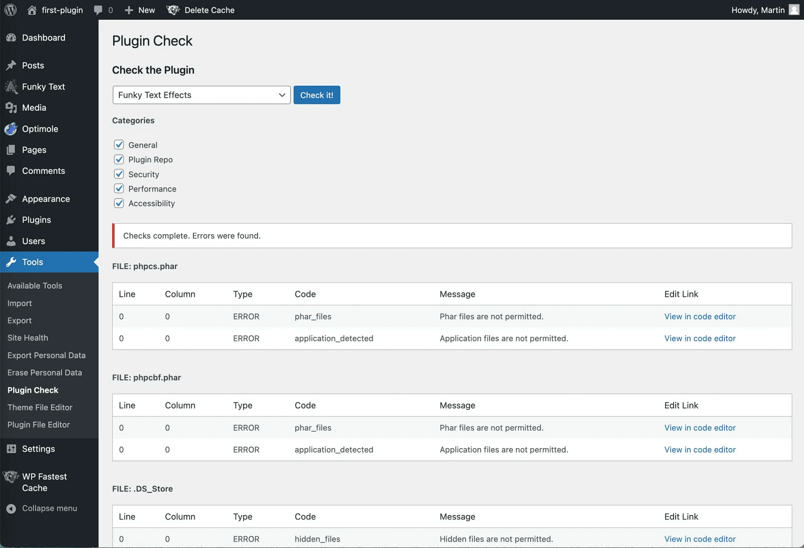 Resultados da verificação do plug-in.