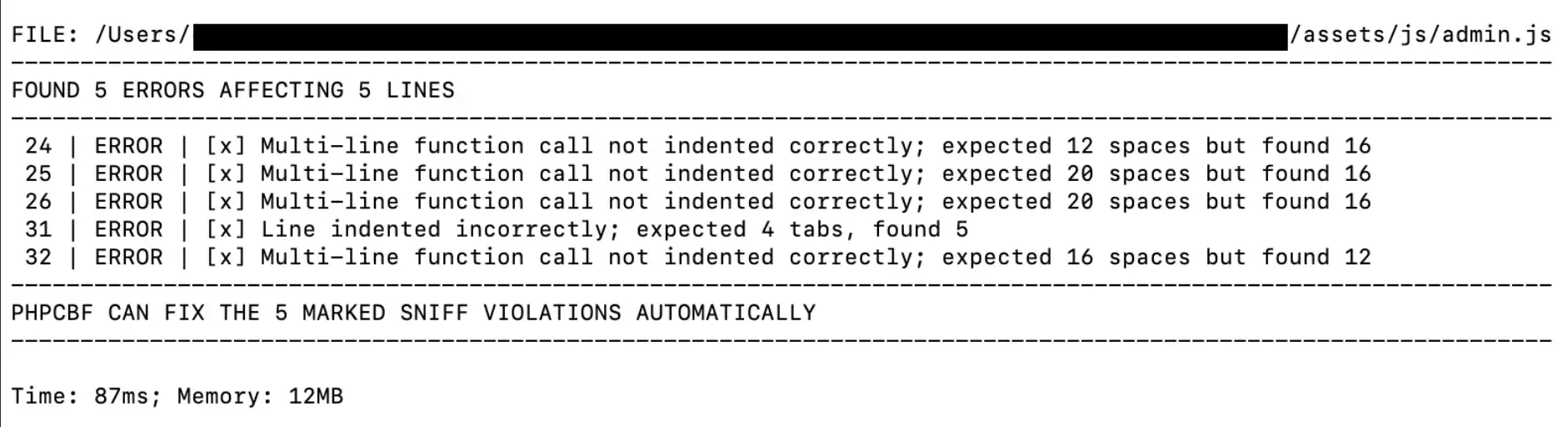 Um exemplo de como lintar um dos meus arquivos JavaScript.