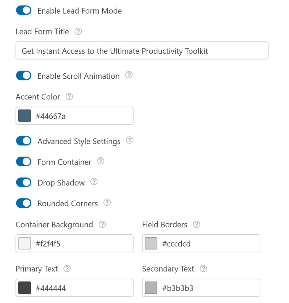 Lead form settings