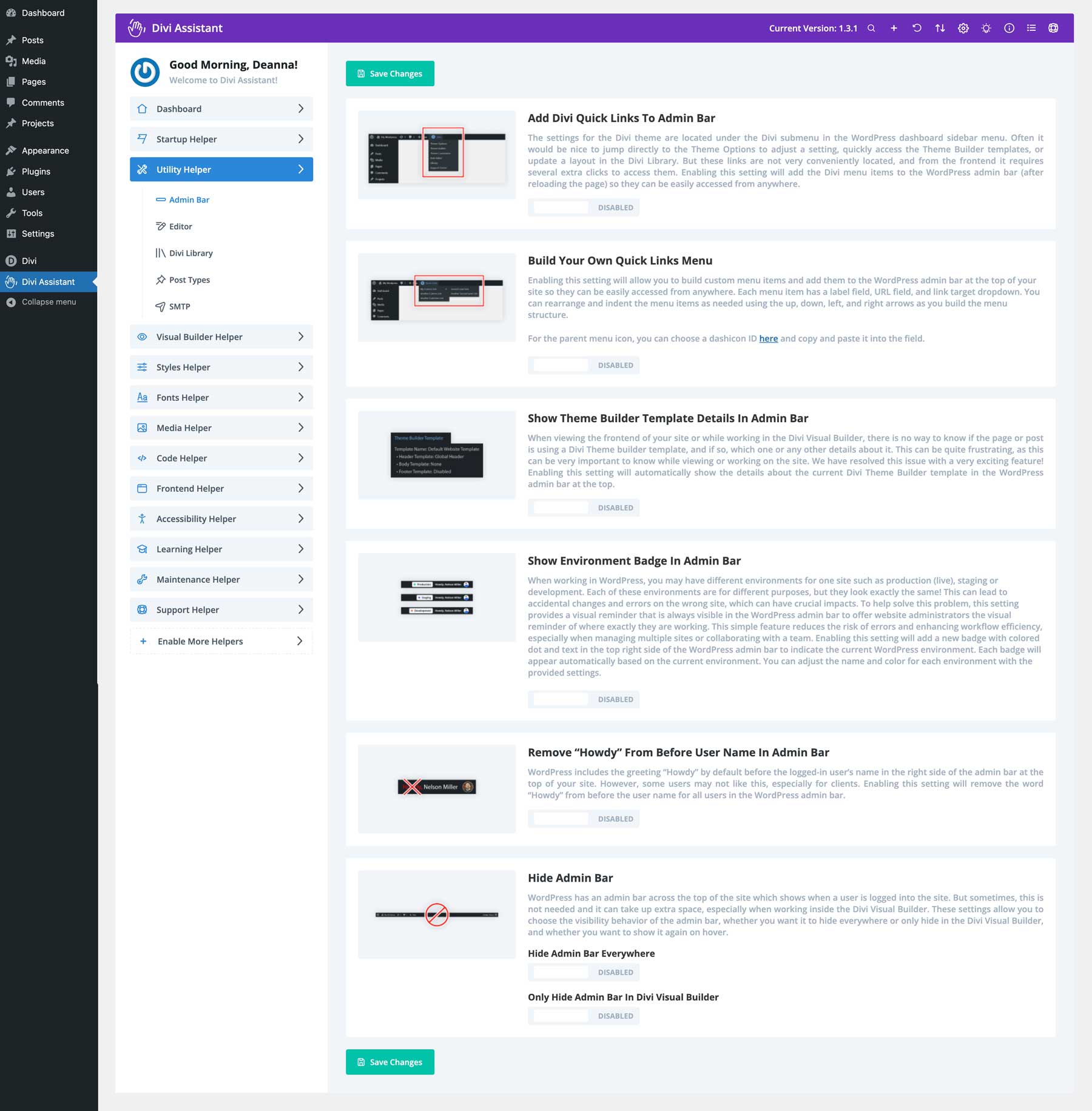 configuración de la barra de administración del asistente de utilidad