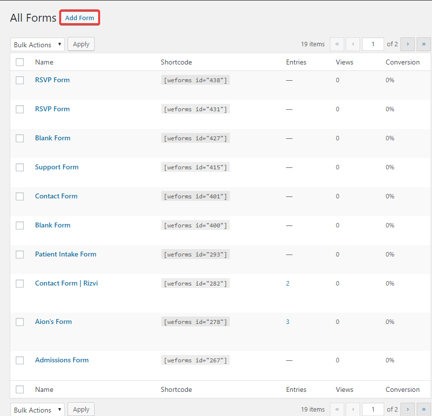 Ceci est une capture d'écran des formulaires d'ajout de weForms