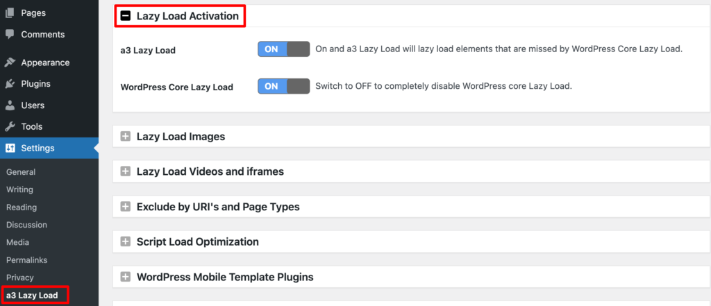 Esta imagen muestra la configuración del complemento a3 Lazy Load