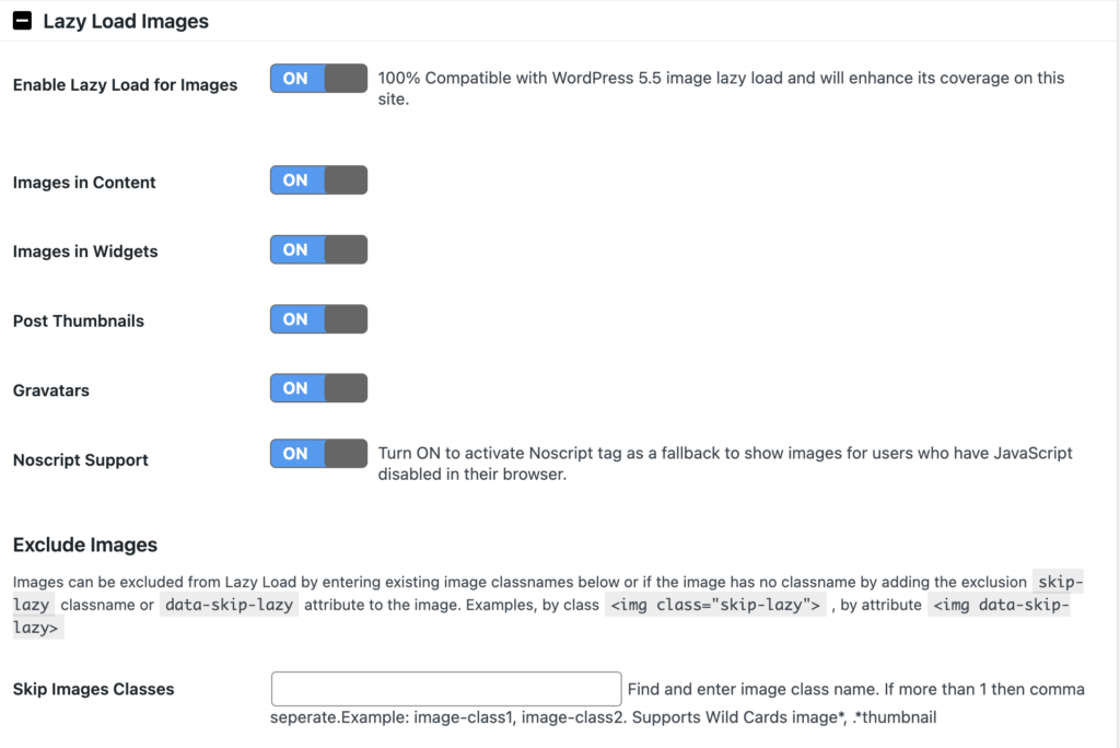 Esta imagen muestra la configuración de imagen del complemento a3 Image Lazy Load