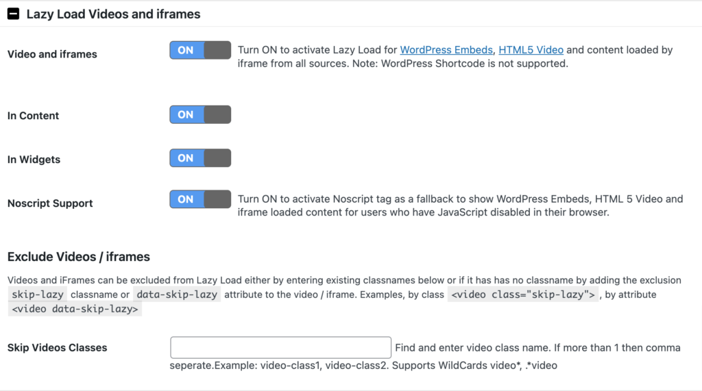 Ini adalah pengaturan video dan iFrames dari plugin Image Lazy Load