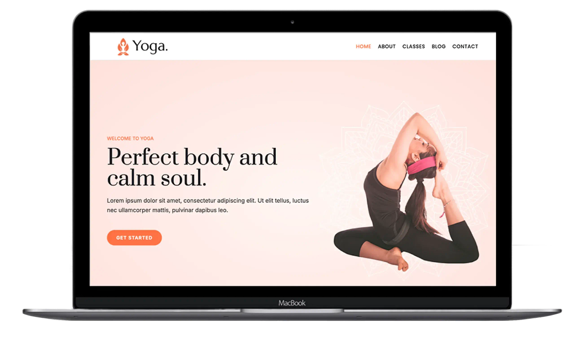 Demonstração de laptop com tema Kortez Yoga.