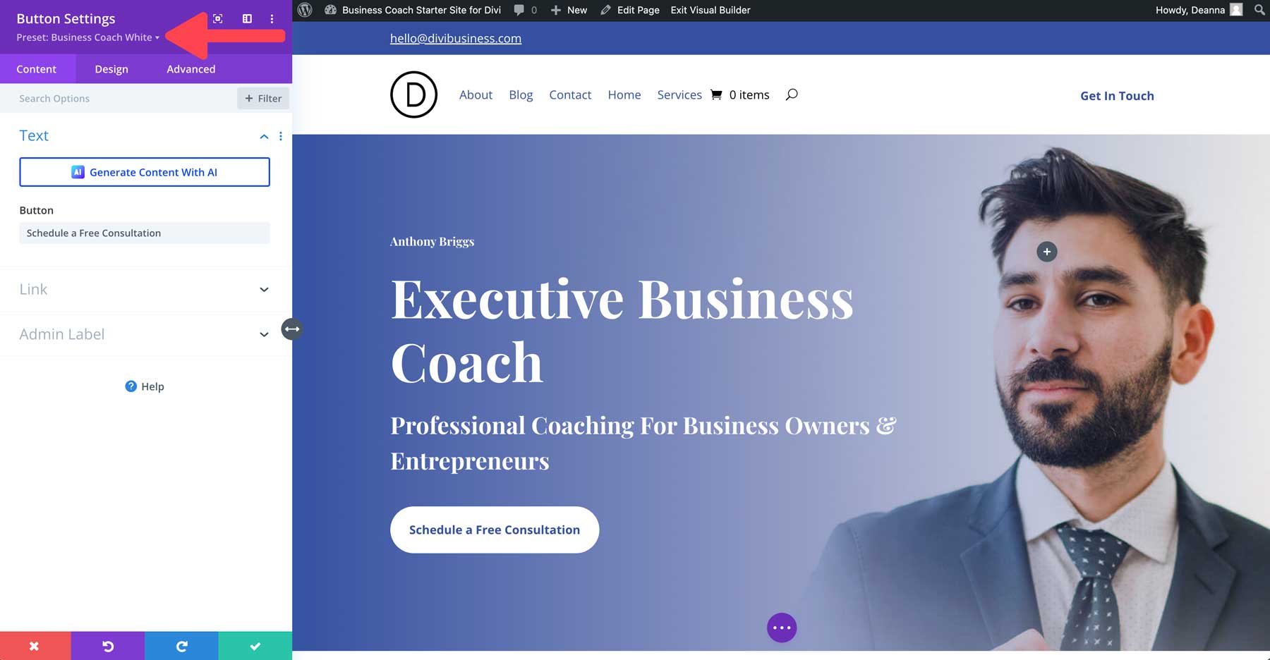 Sitio de inicio de coach empresarial para Divi