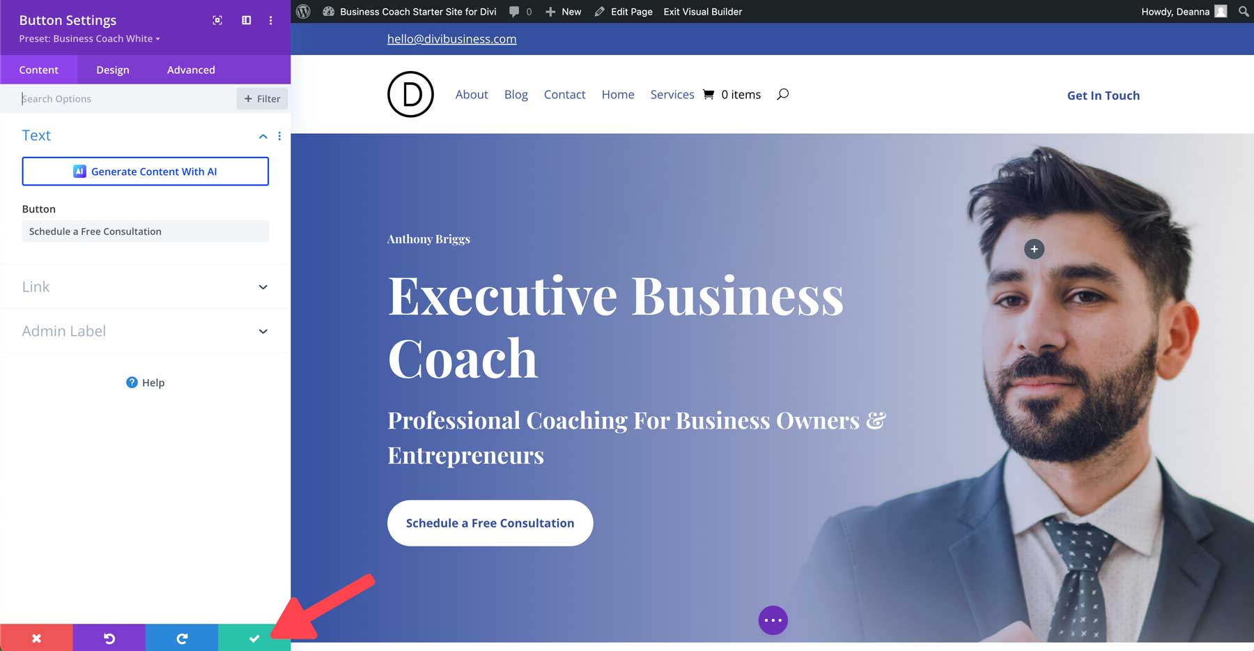 Sitio de inicio de coach empresarial para Divi