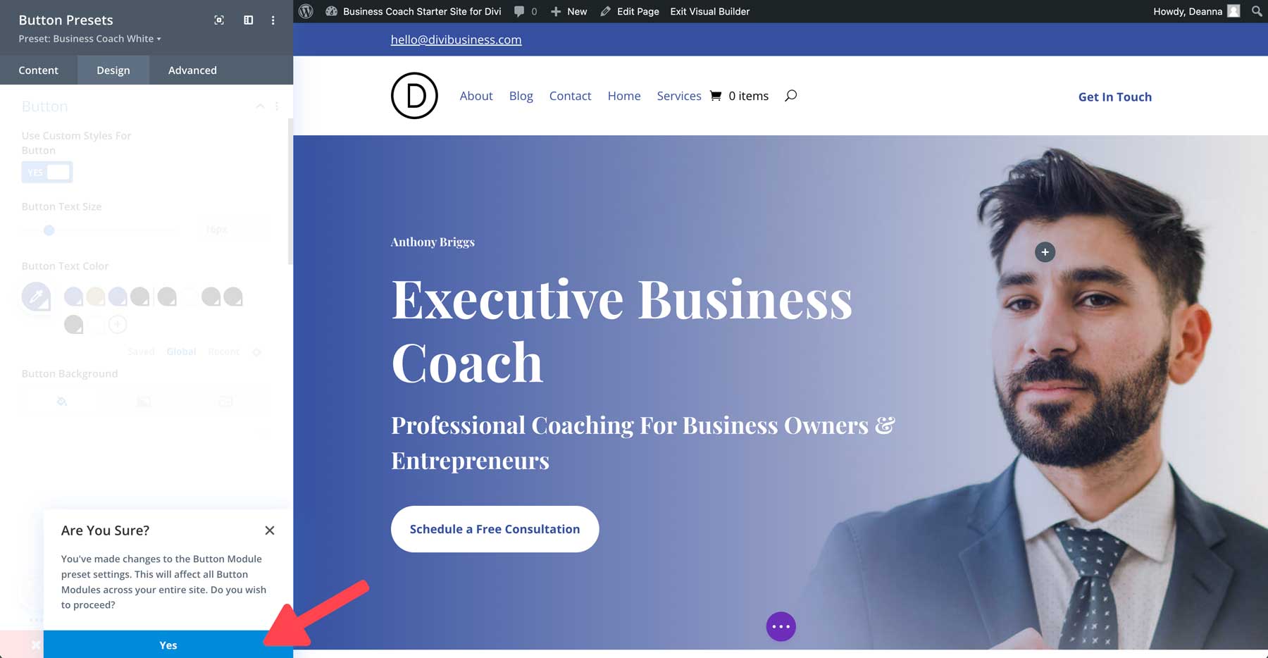 Sitio de inicio de coach empresarial para Divi