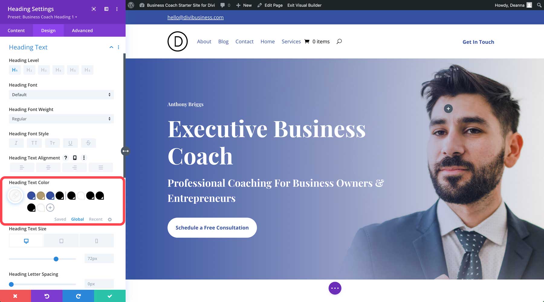 Sitio de inicio de coach empresarial para Divi