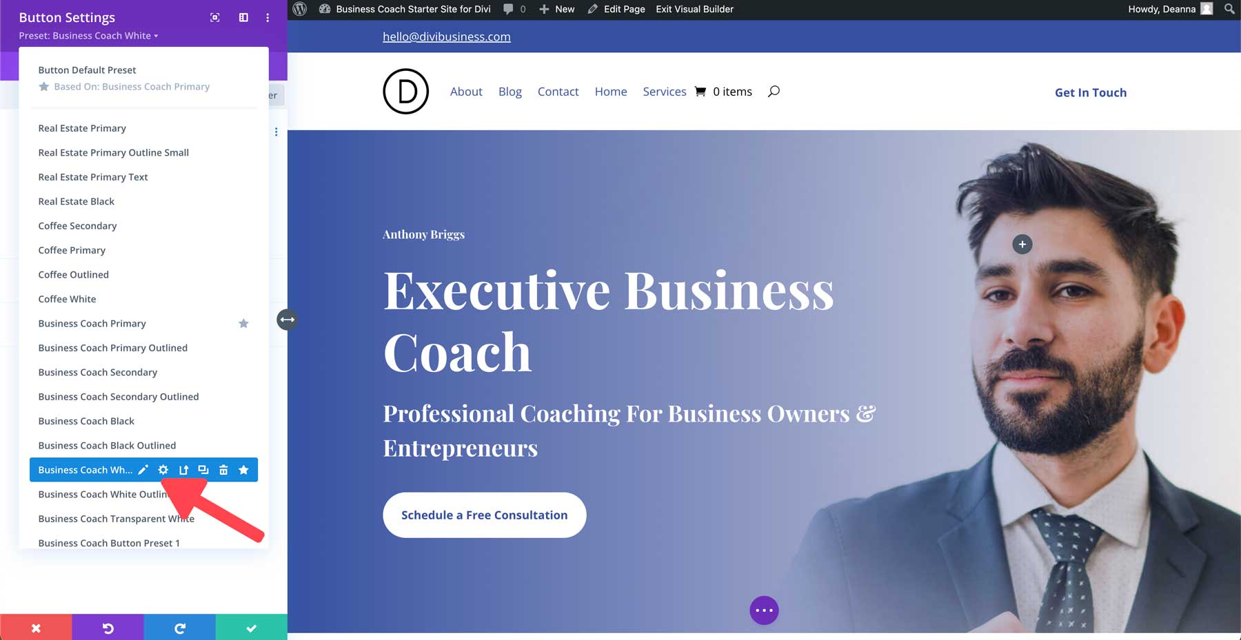 site inicial de coach de negócios para Divi