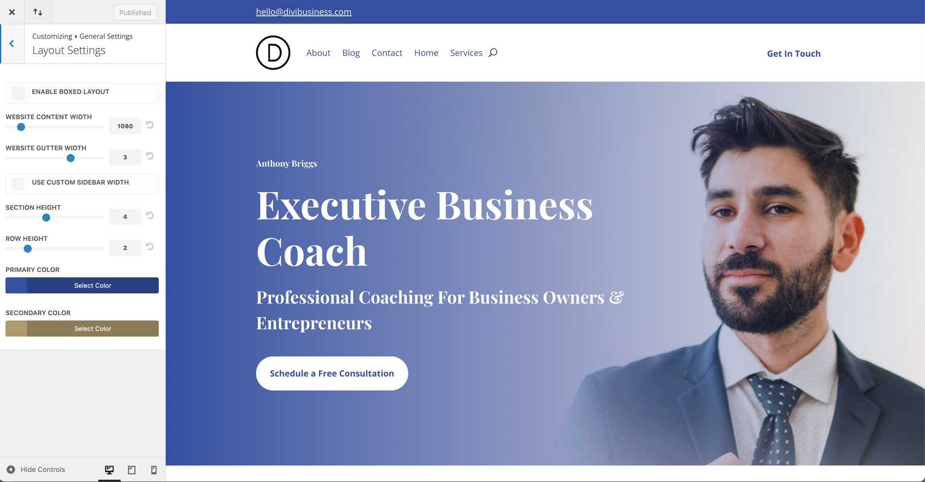 Sites de démarrage de coach d'affaires pour Divi