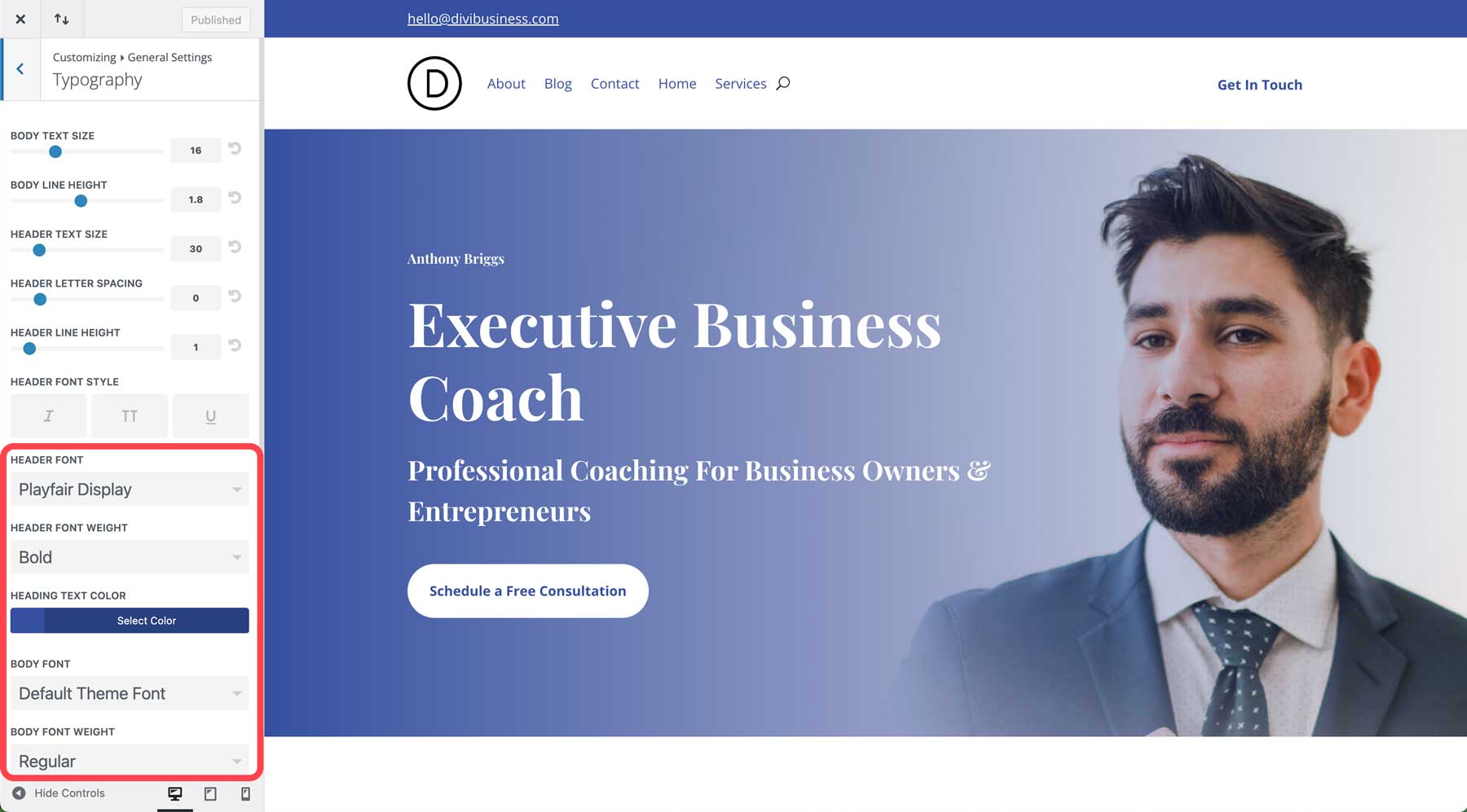 Sitio de inicio de coach empresarial para Divi