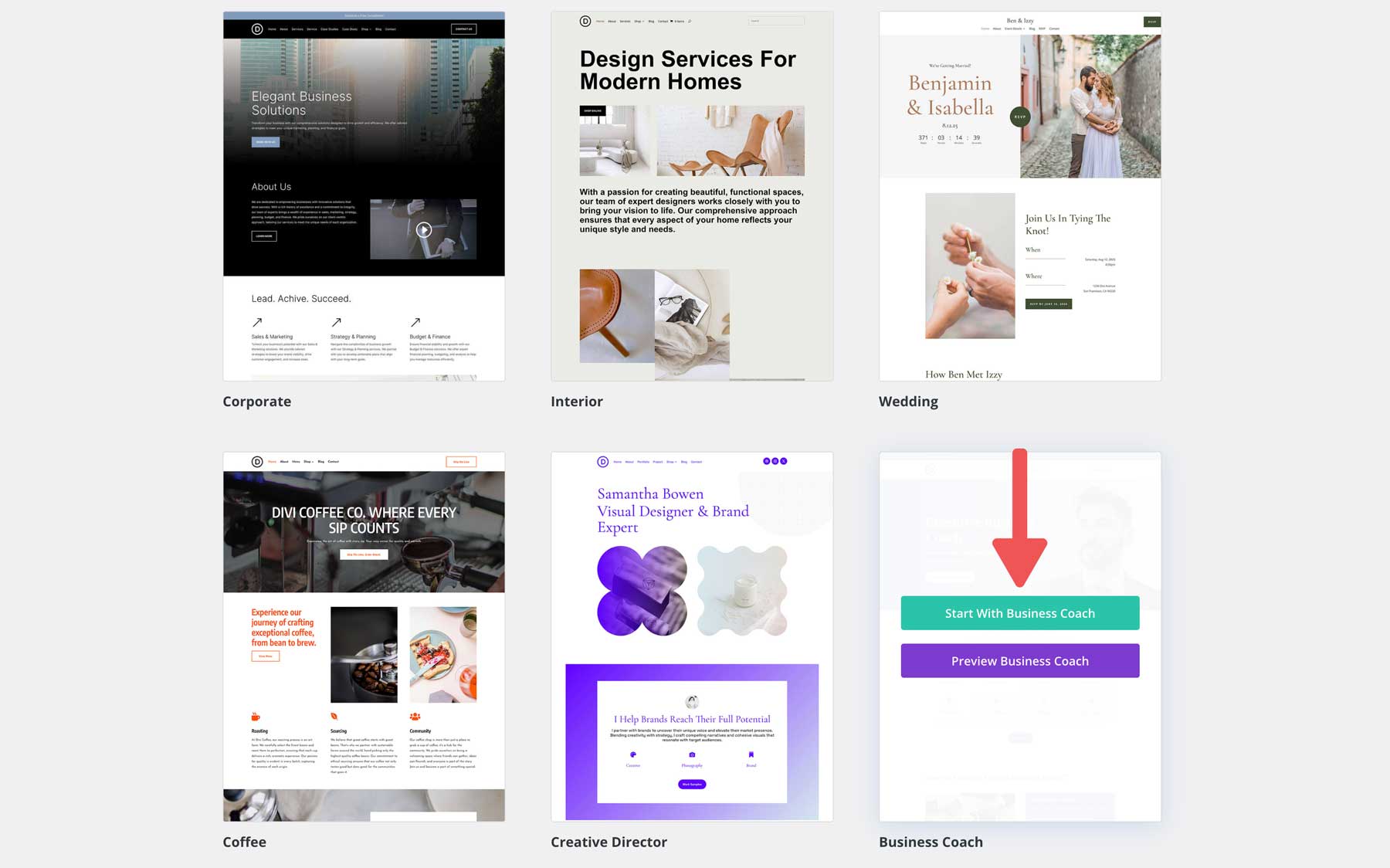 Site de démarrage de coach d'affaires pour Divi